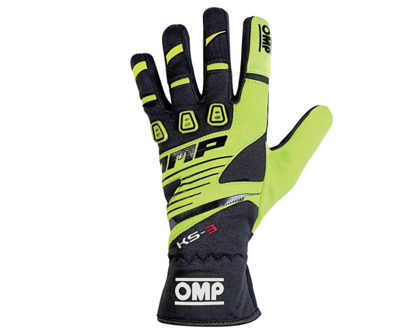 OMP KS-3 Karting Gloves product image of a black and yellow glove with white OMP branding.