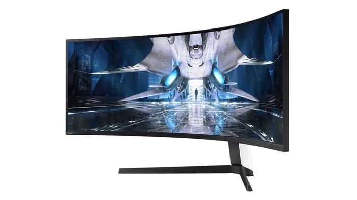Best monitors for racing games - Samsung Odyssey Neo G9 product image of a ultrawide curved monitor with a black frame.