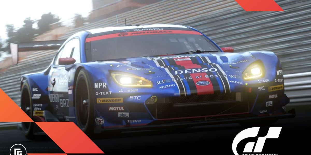 In-game Gran Turismo 7 image of a blue Subaru covered in sponsors and featuring a red and black stripe down the middle.