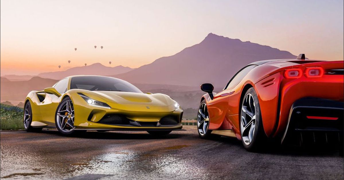 Forza Horizon 5 in-game image of yellow and red sports cars sat in front of a mountain in the sunset.