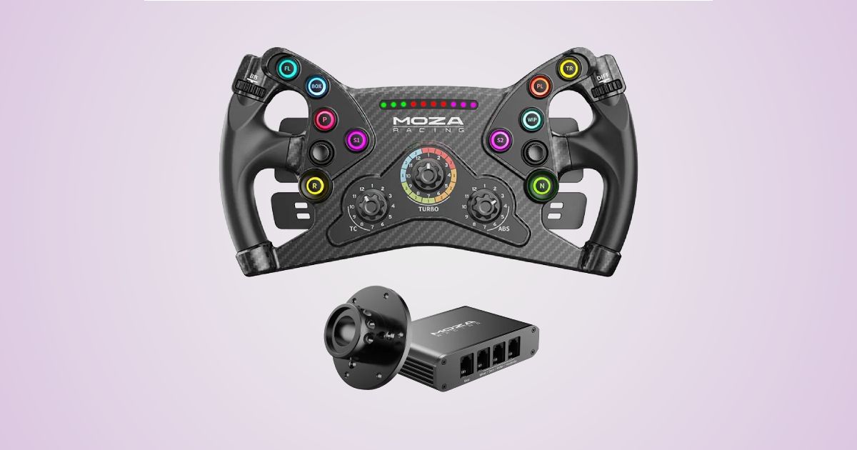 A black Formula-style racing wheel with multiple different coloured buttons on the console, while the wheel is a above a black hub kit.
