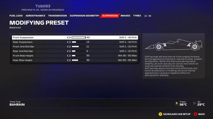 The new suspension settings on display in the F1 23 setup menu