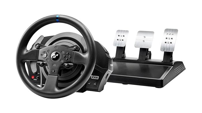 Best racing wheel - Thrustmaster T300 RS GT Edition product image of a black racing wheel with a set of silver metal pedals.