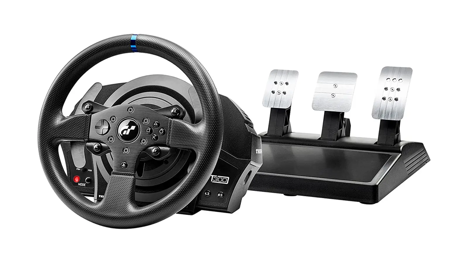 Thrustmaster T300 RS GT product image of a black racing wheel next to a set of metal pedals with a black base.