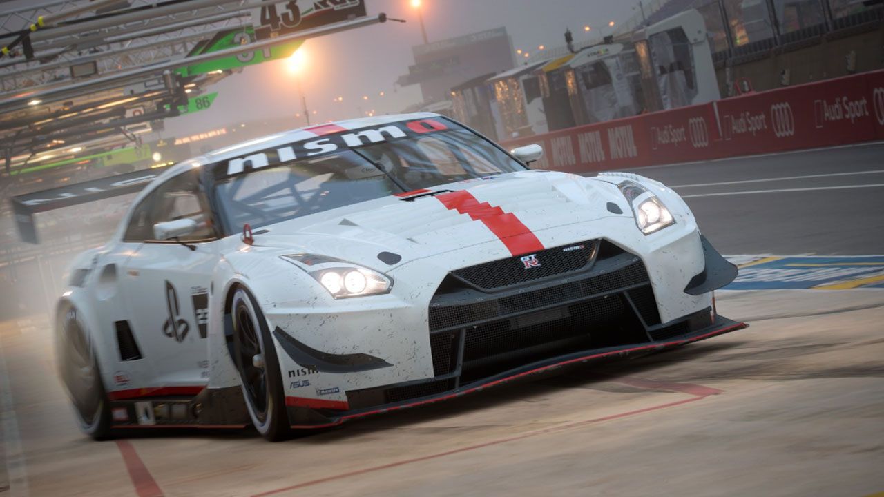 Gran Turismo 7 in-game image of a white GTR featuring red and black details racing on a track.