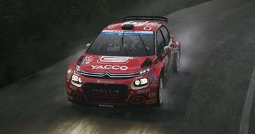 A red Citroën rally car with white and blue stickers on it racing in the rain.