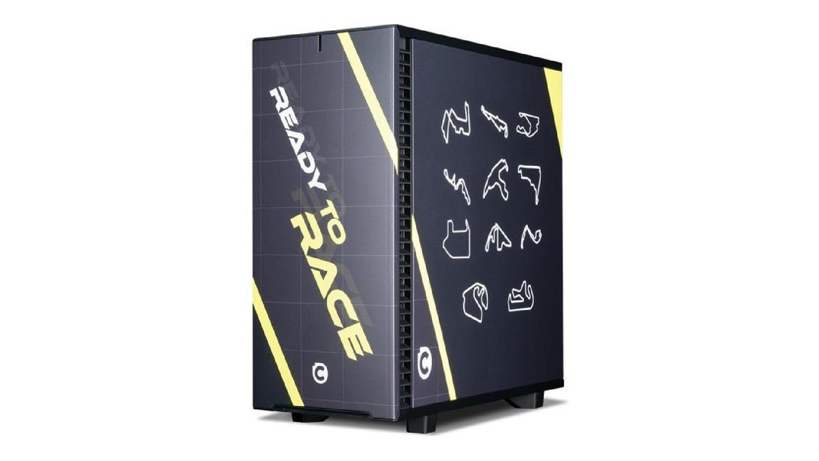 Image of a black PC complete with outlines of F1 circuits in white, diagonal yellow stripes, and "READY TO RACE" printed on the front.