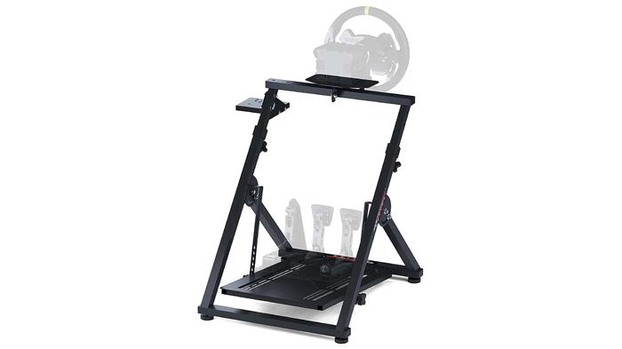 Best racing wheel stand for F1 23 - GT Omega APEX product image of a black wheel stand with red GT Omega branding.