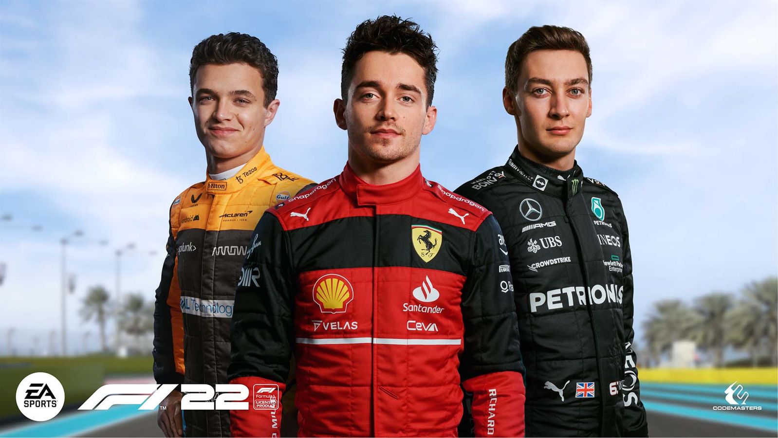 F1 22 drivers Charles LeClerc, George Russell, Lando Norris
