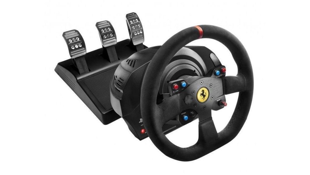 Best Black Friday deals - Thrustmaster product image of a black Alcantara Ferrari wheel with pedals.