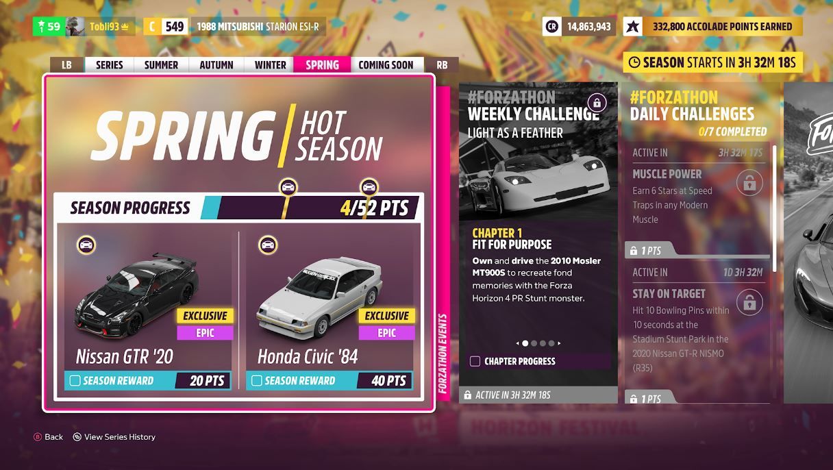 The Series 5 Spring season progress reward cars in Forza Horizon 5