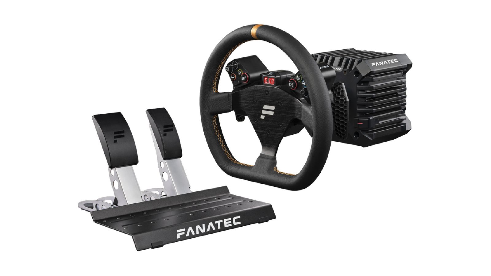 Fanatec CSL DD Ready2Race R300 Bundle product image of a black racing wheel attached to a large wheel base, all of which next to a silver and black set of pedals.