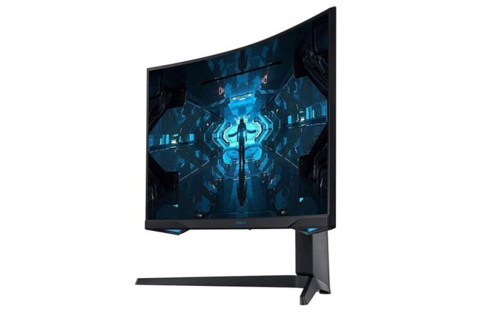Best monitor for F1 2022 Samsung product image of a black curved monitor with blue lights on display.