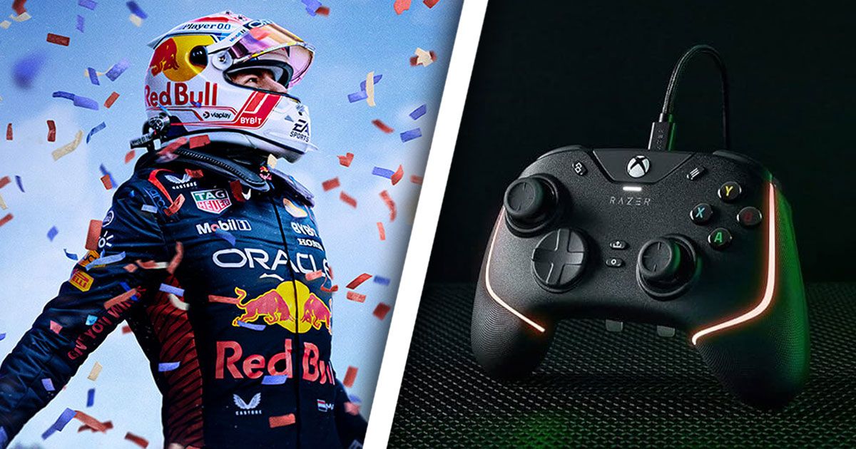 Max Verstappen in F1 24 celebrating with confetti around him on one side of a white line. On the other, a black wired Razer controller featuring orange lighting for trim.