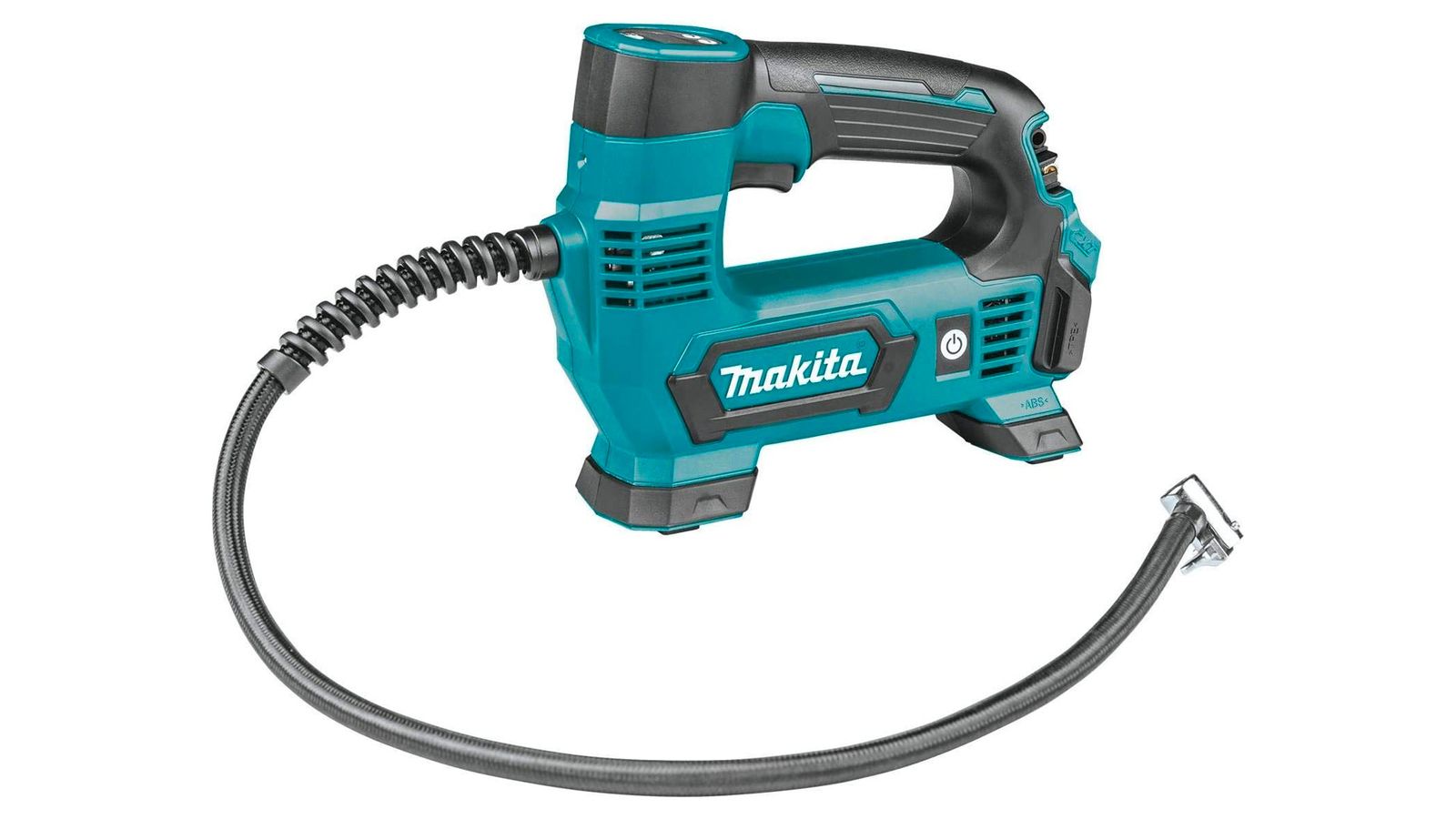 Makita MP100DZ Cordless Inflator product image of a blue and black machine with a digital pressure gauge.
