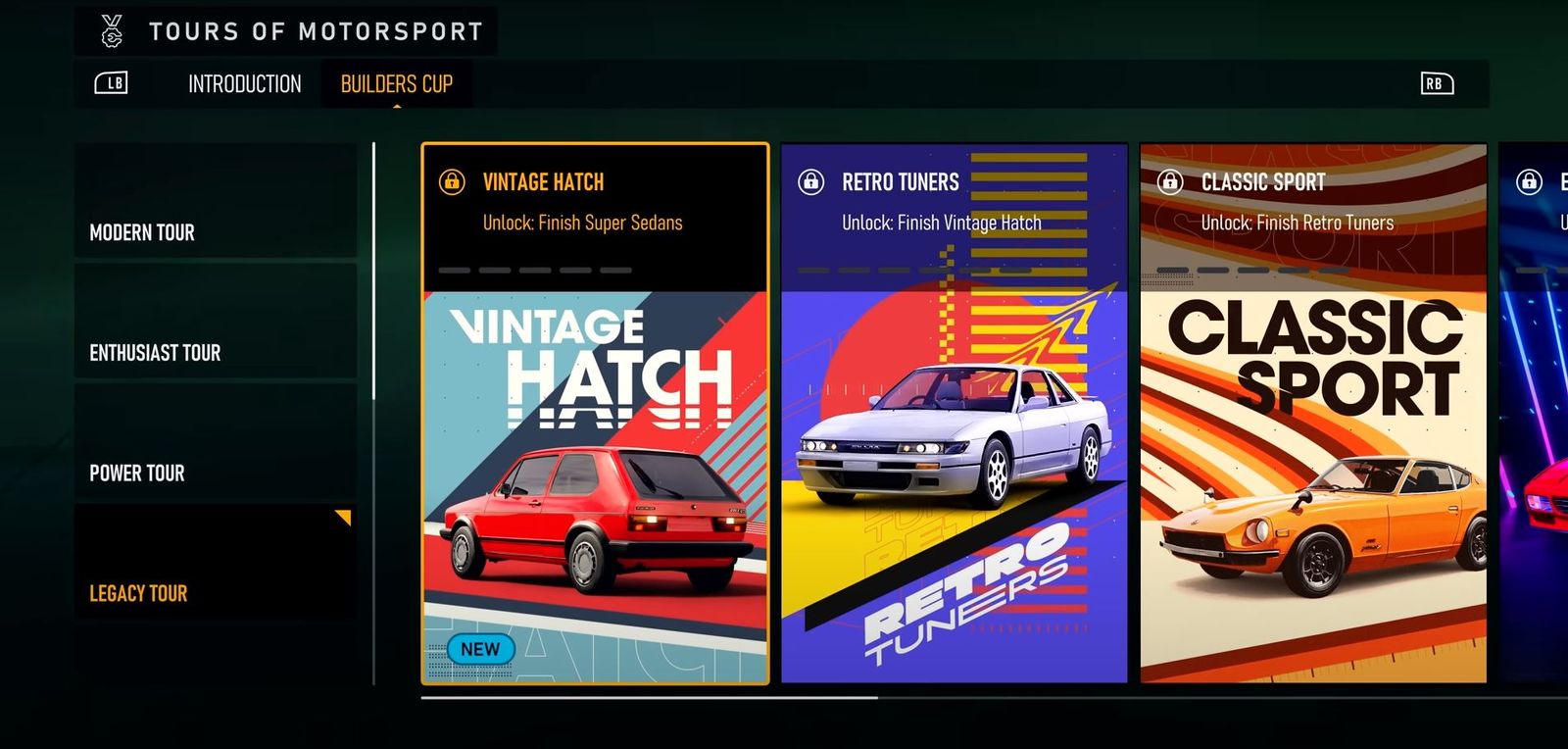 A screenshot of the Builders Cup in Forza Motorsport, showing a Vintage Hatch, Retro Tuners, and Classic Sport series to race in