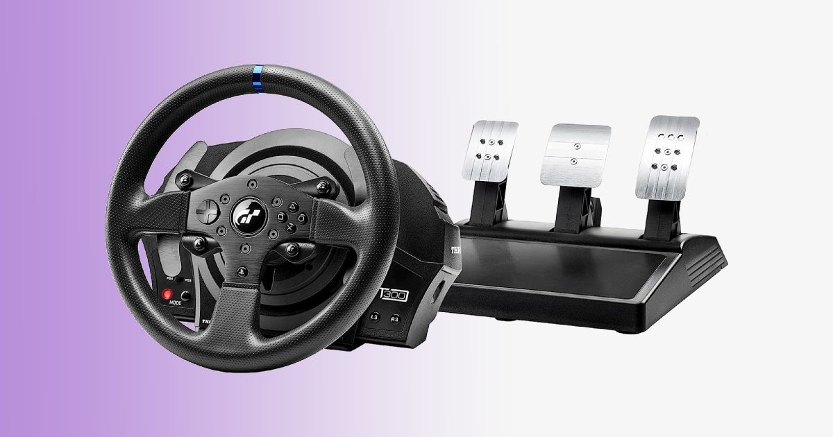 A black racing wheel with a blue centre line at the top of it, with the wheel sitting next to a 3-pedal set in black and silver.