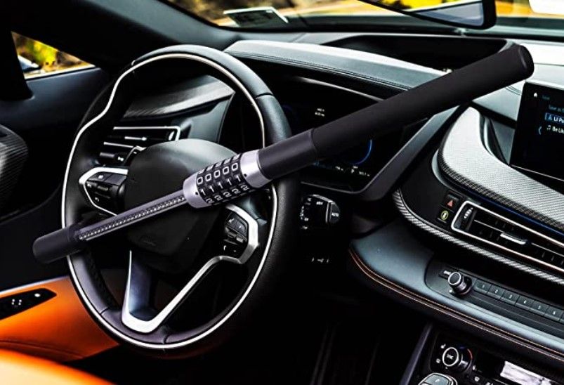 Tevlaphee Steering Wheel Lock product image of a black and silver lock with a 5-digit code.