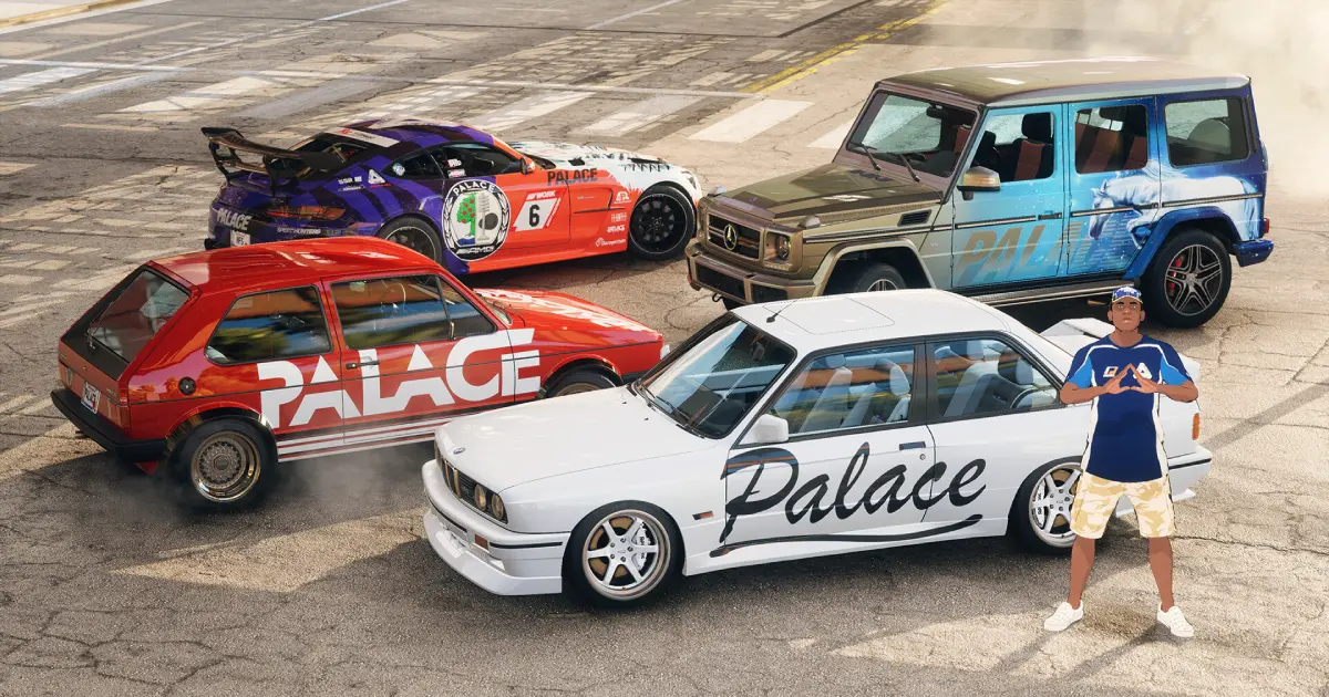 Four cars in Need for Speed Unbound, all featuring Palace branding on the side, with an anime-style character standing off to the side.