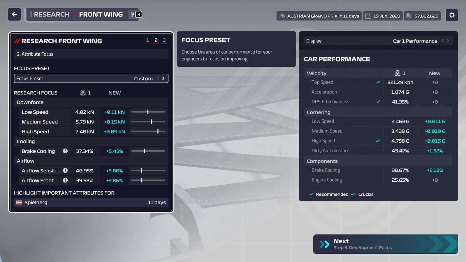 F1 Manager 2023 front wing research screen showing focuses and areas of importance