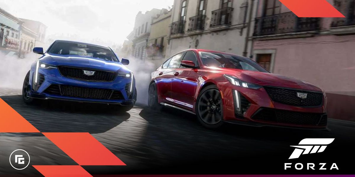 Image from Forza Horizon 5 of a dark red four door car racing side-by-side with a blue car.