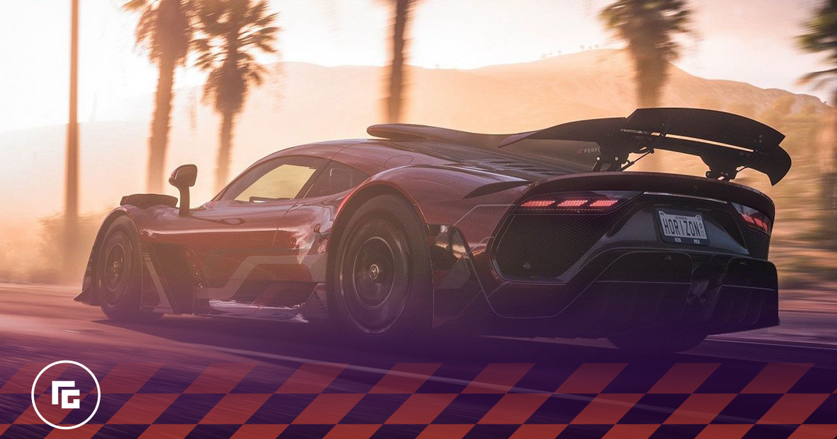 Forza Horizon 5 in-game image of a dark red supercar driving at sunset.
