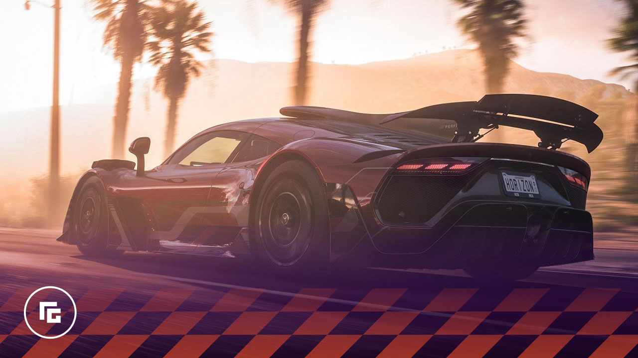 Forza Horizon 5 in-game image of a dark red supercar driving at sunset.