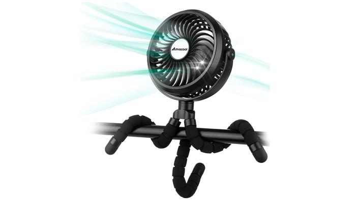 Best car fan AMACOOL Battery Operated Tripod Fan product image of a black tripod fan.