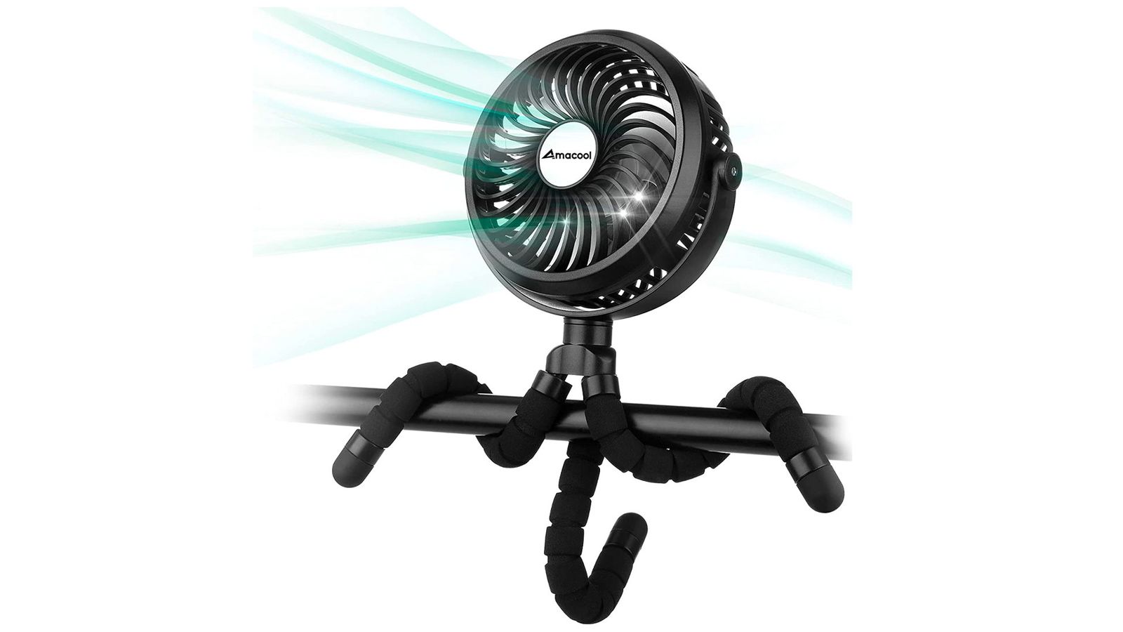 AMACOOL Battery Operated Tripod Fan product image of a black tripod fan.
