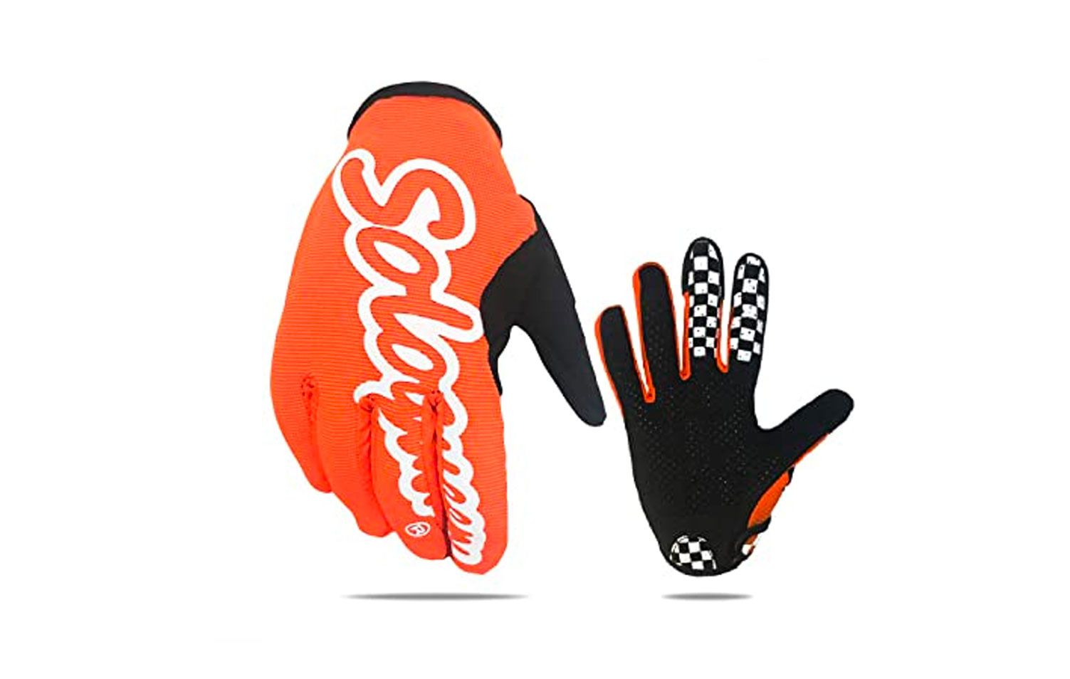 Solo Queen Sim Racing Gloves product image of an orange and black pair of gloves with white branding.