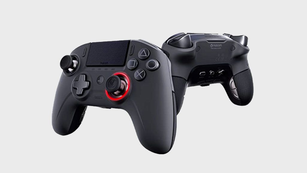 Nacon Revolution Unlimited Pro product image of a black controller featuring a red light around the right thumbstick.