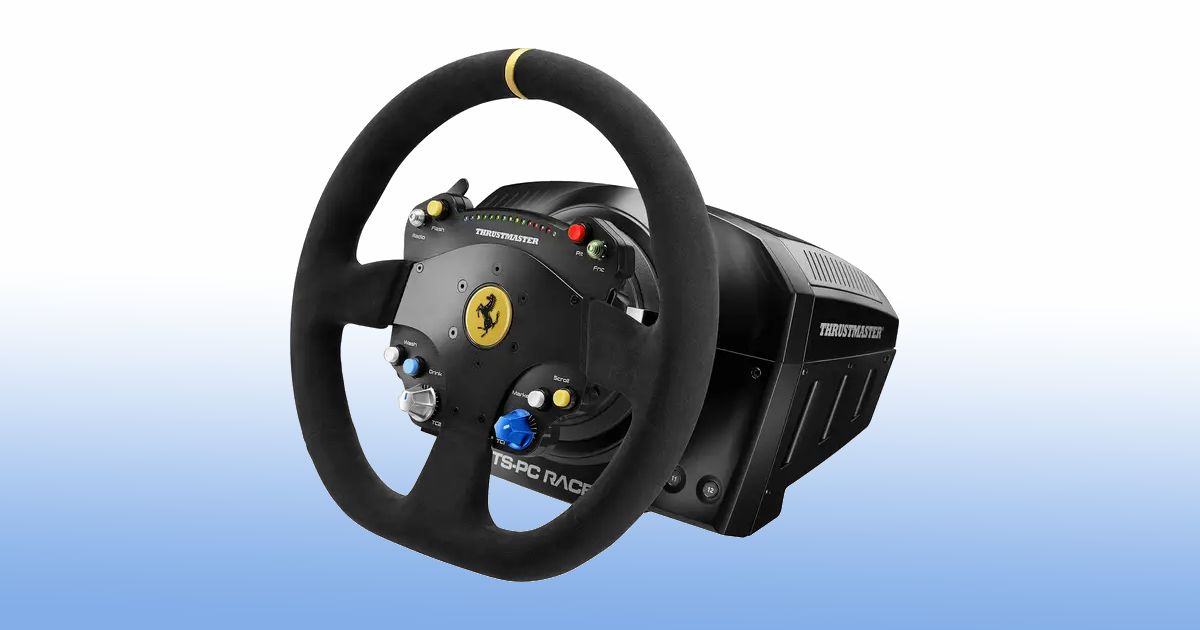 A black sim racing wheel with yellow Ferrari branding in the centre in front of a blue and white gradient background.