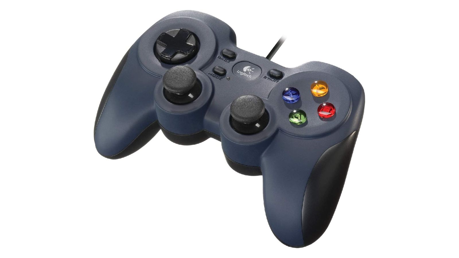 Logitech F310 product image of a small grey and black controller with multicoloured buttons on the right.