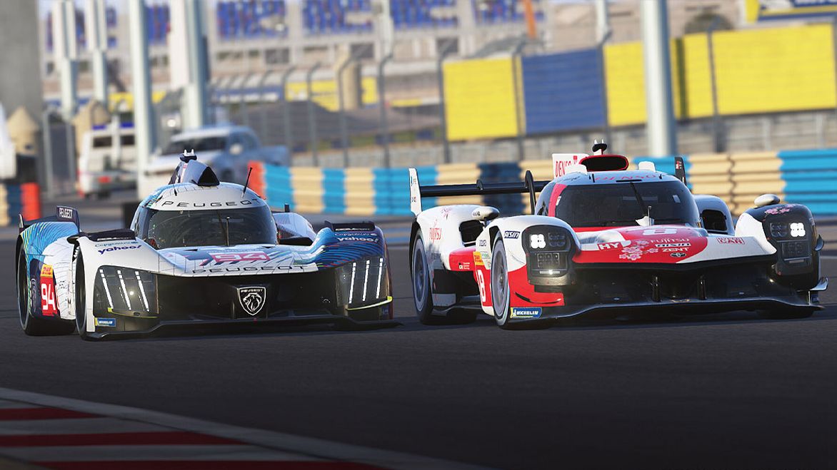 Two race cars in white, one with red trim, the other with blue trim, racing side-by-side on a track.
