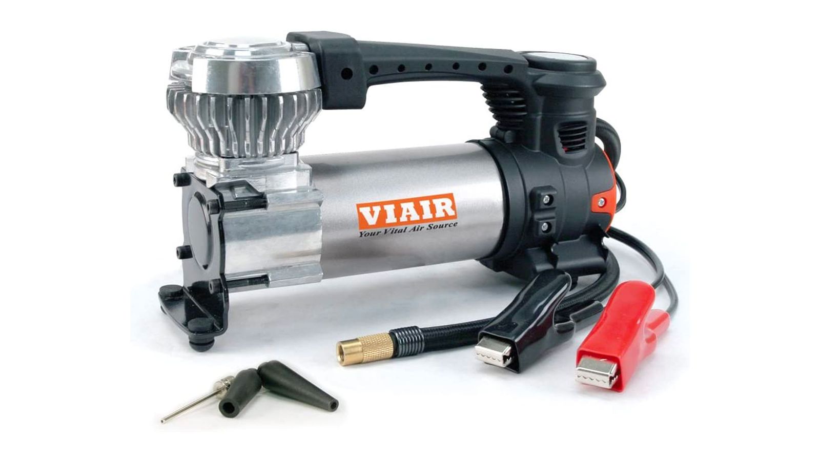 Viair 00088 88P product image of a silver and black air compressor with orange Viair branding.