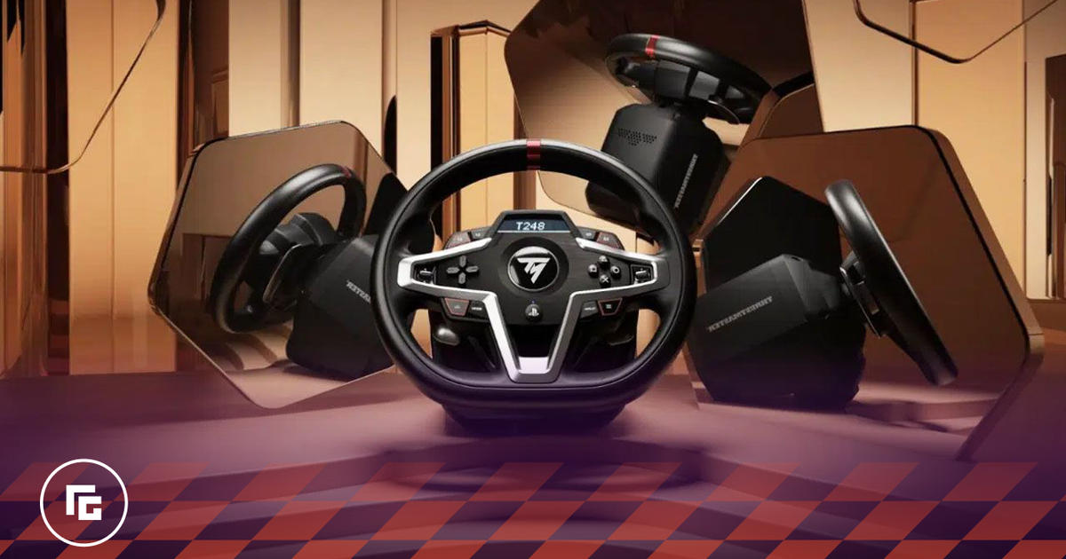 Image of a black and grey racing wheel with images of racing games inside hexagonal shapes in the background.