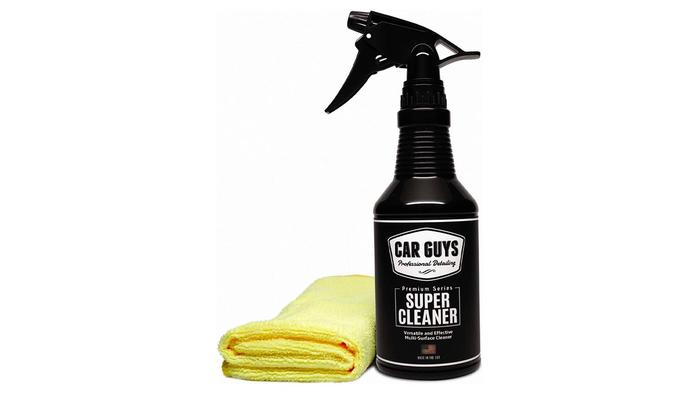 Best car upholstery cleaner Car Guys product image of a black spray bottle with a white label next to a yellow cloth.