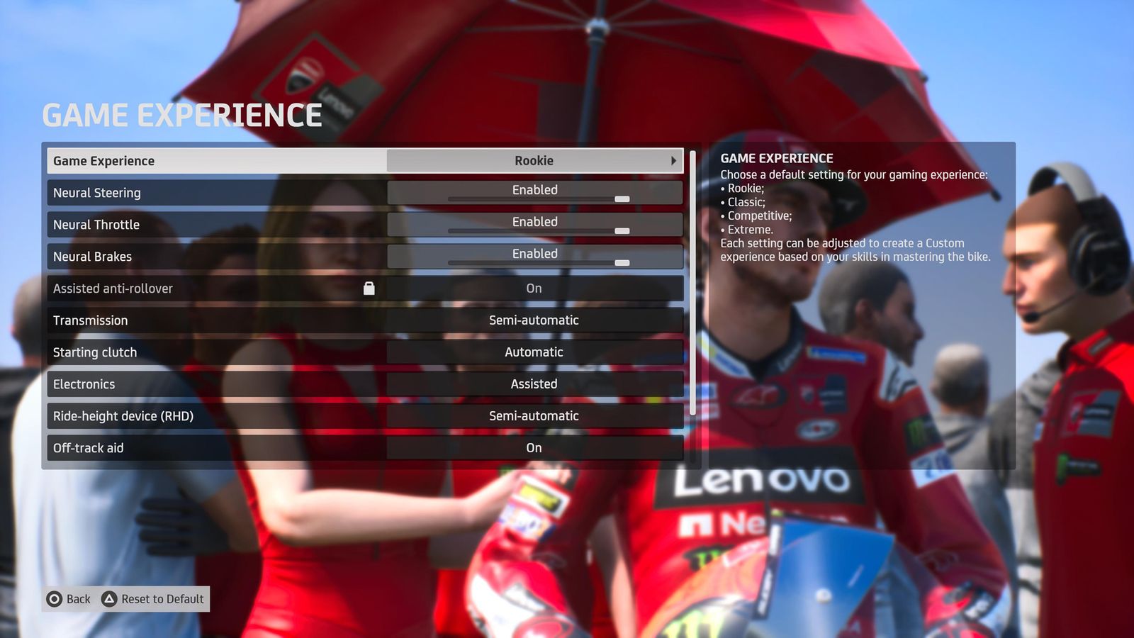 MotoGP 23 game experience settings