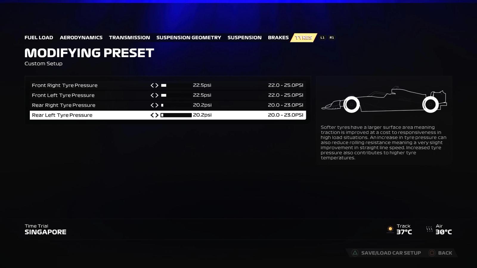 F1 23 Singapore setup tyres screen showing the ideal settings