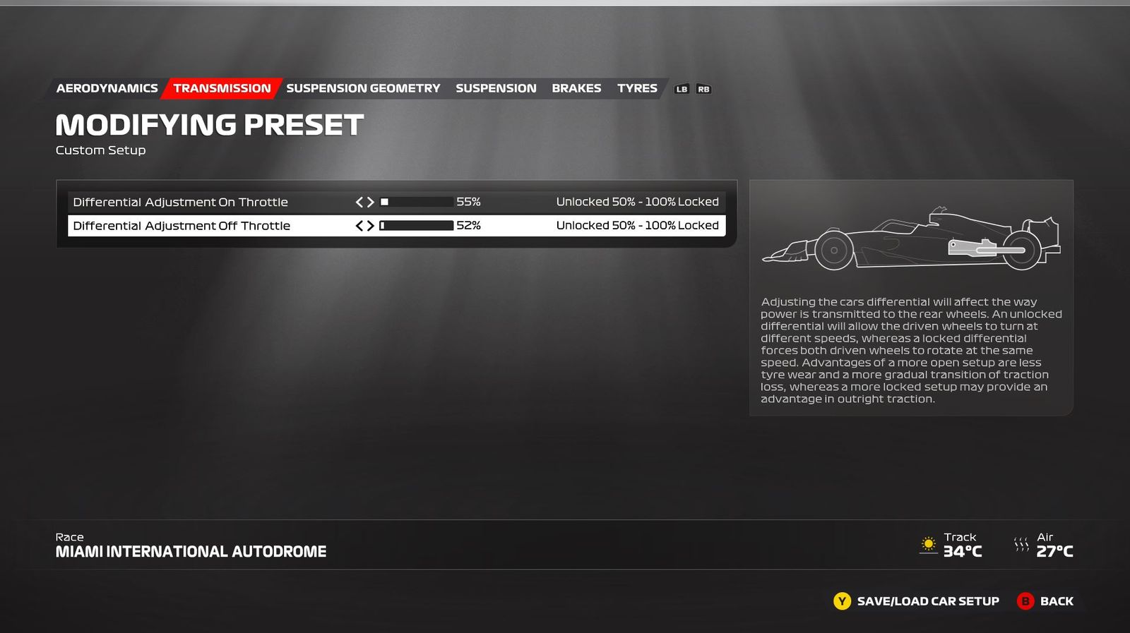 F1 23 Miami setup transmission screen showing the ideal settings