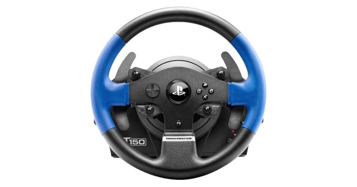 Thrustmaster T150 product image of a black and red racing wheel.