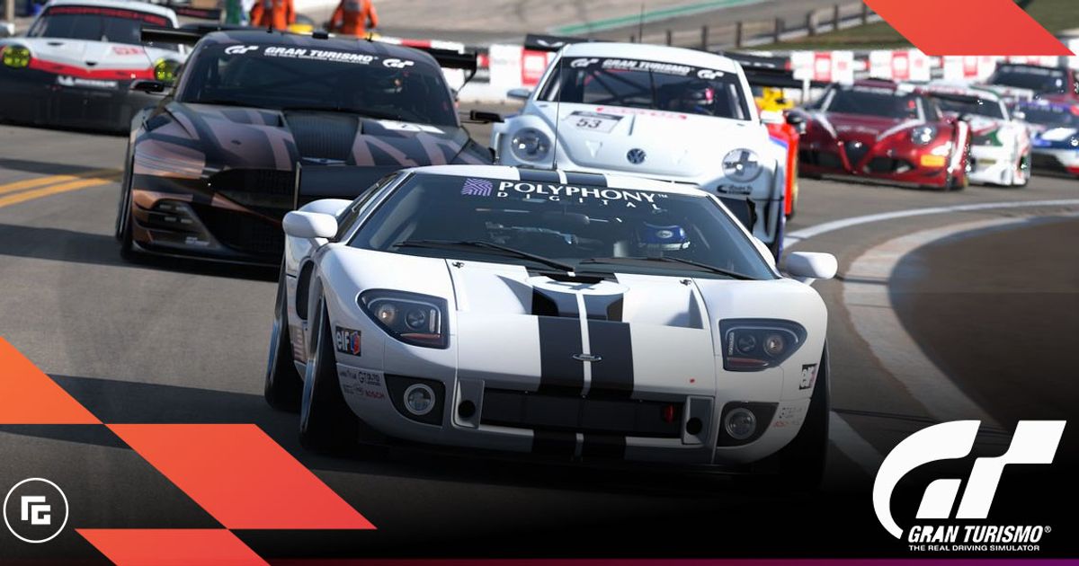 In-game Gran Turismo 7 image of a white Ford GT featuring black racing stripes leading a pack of cars.