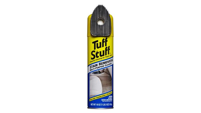 Best car upholstery cleaner Tuff Stuff product image of a yellow and blue canister with a brush cap attachement.