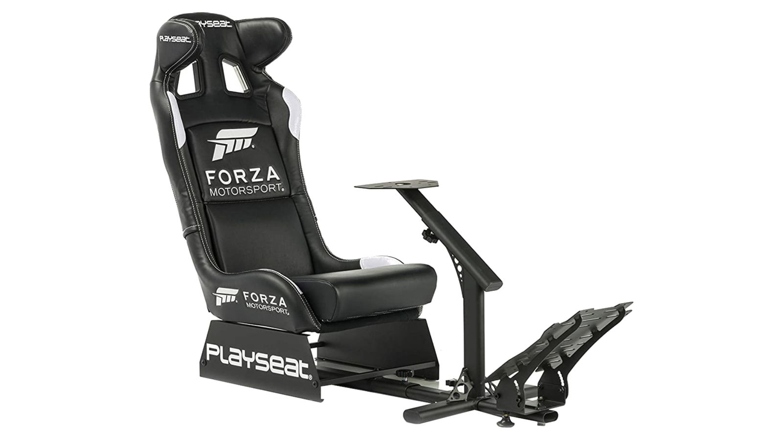 Playseat Forza Motorsport Pro product image of a black racing seat and wheel and pedal stand featuring white Forza branding.