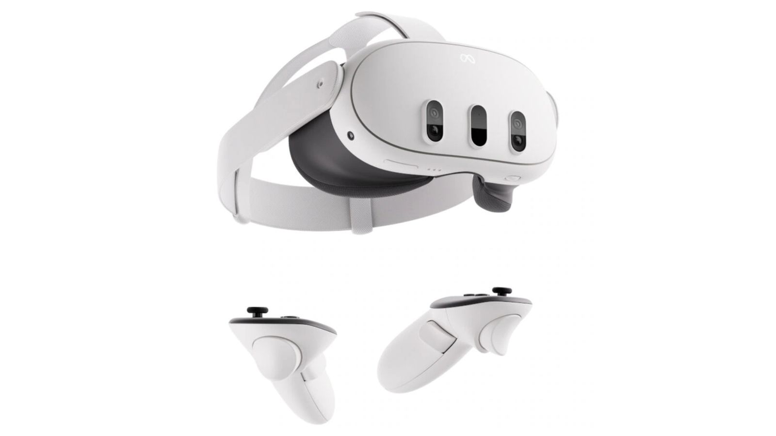 Meta Quest 3 product image of a white and black VR headset above a set of controllers.