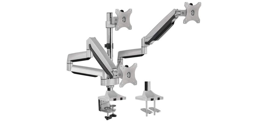 AVLT Triple Monitor Arm Desk Mount product image of a silver triple monitor stand.