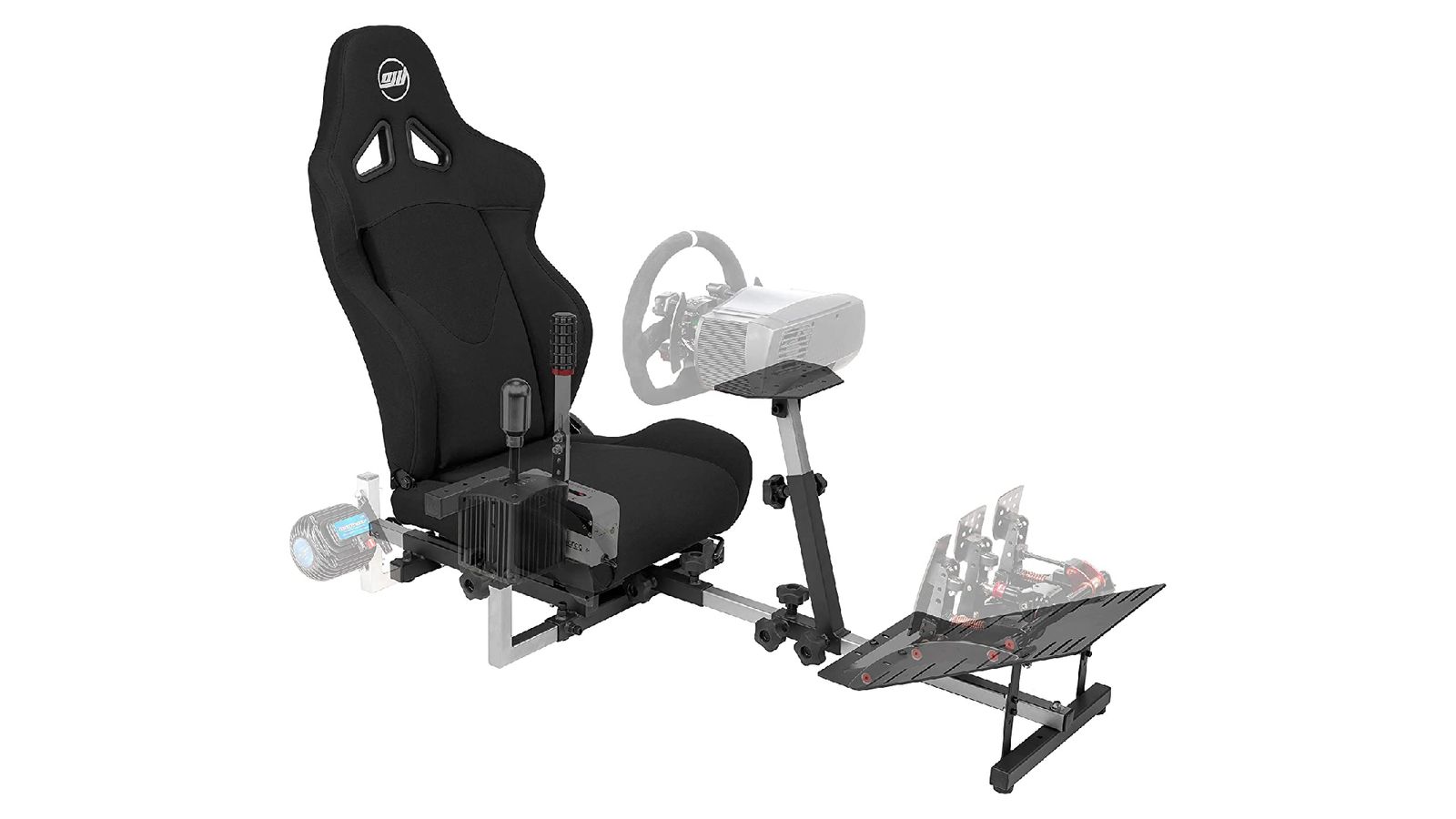 OpenWheeler GEN3 product image of a black racing chair featuring a metal wheel stand and pedal.