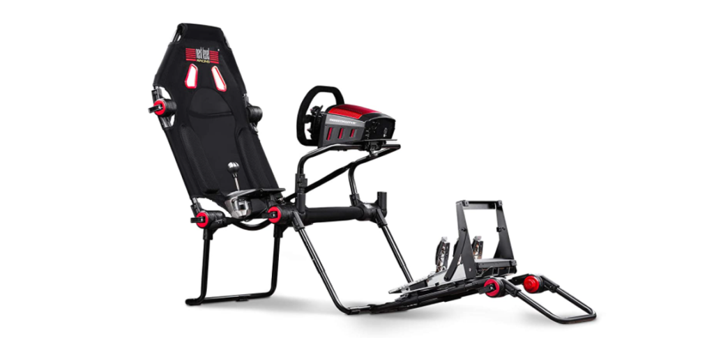 Next Level Racing F-GT Lite product image of a black and red foldable racing cockpit.