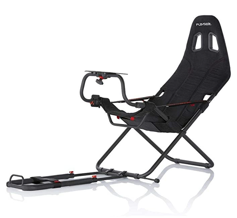 Playseat Challenge product image of a black folding racing cockpit with small red details.