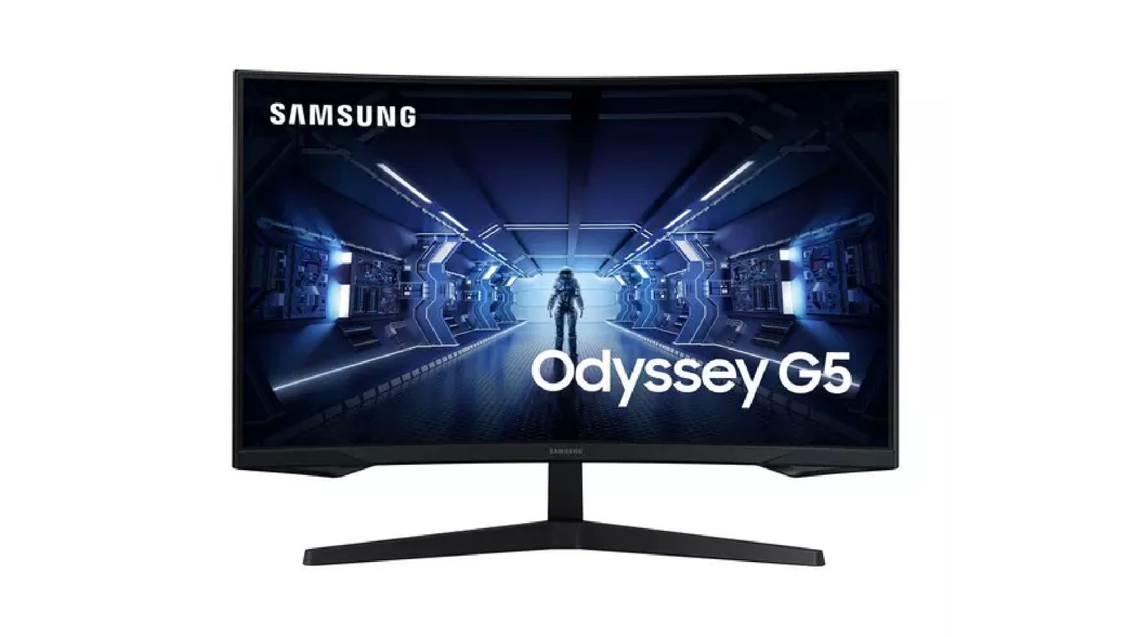 Samsung Odyssey G5 product image of a black monitor with a Sci-Fi tunnel on the display with someone walking through it.